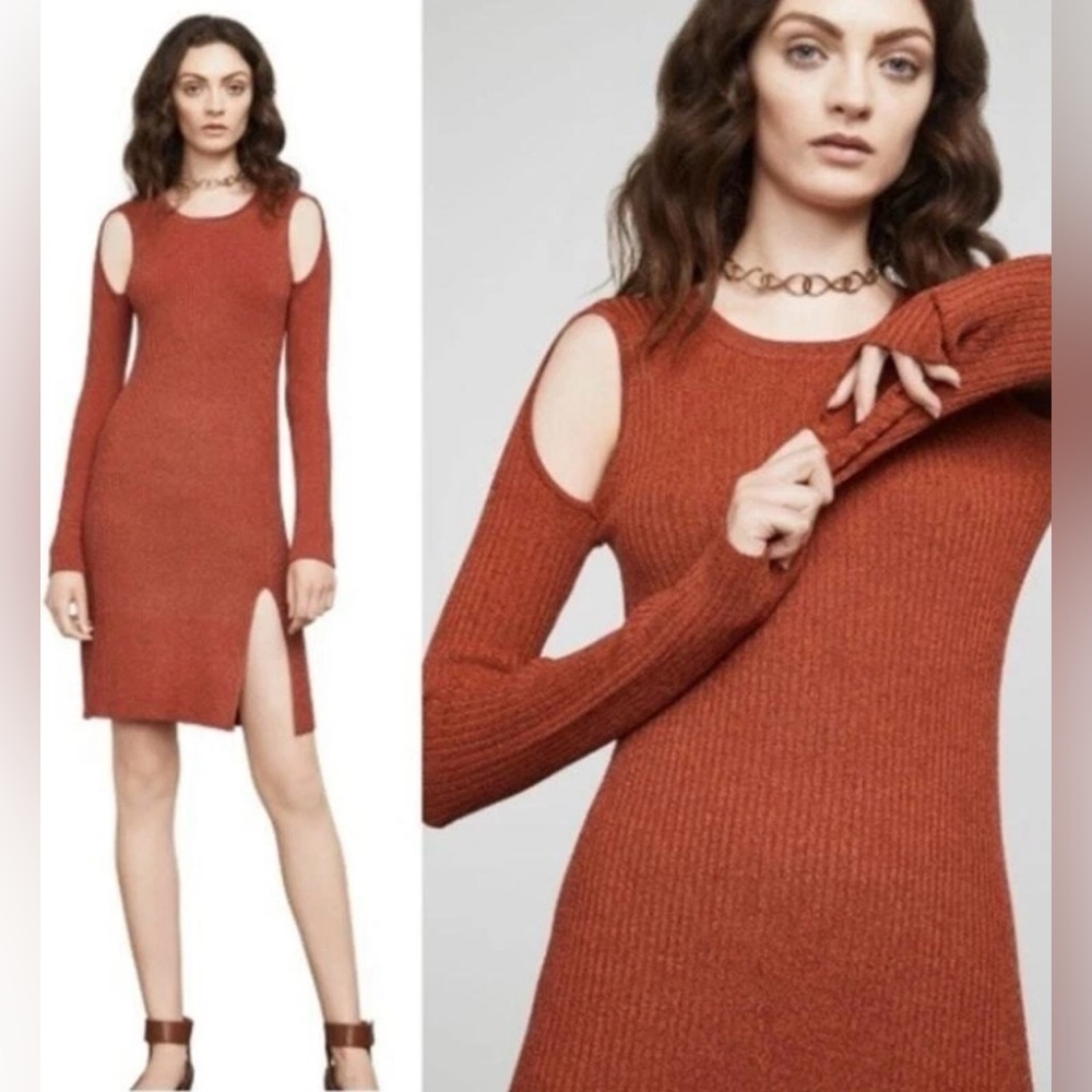 M2‎ BCBGMaxAzria Burnt Orange Knit Mini Dress Cutout Sleeve XS